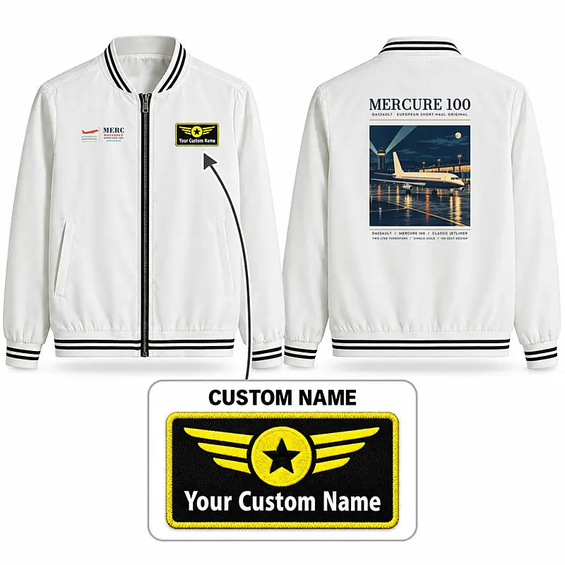 Dassault Mercure 100 Stylish Jackets - Baseball Collar - Poster + Name - White