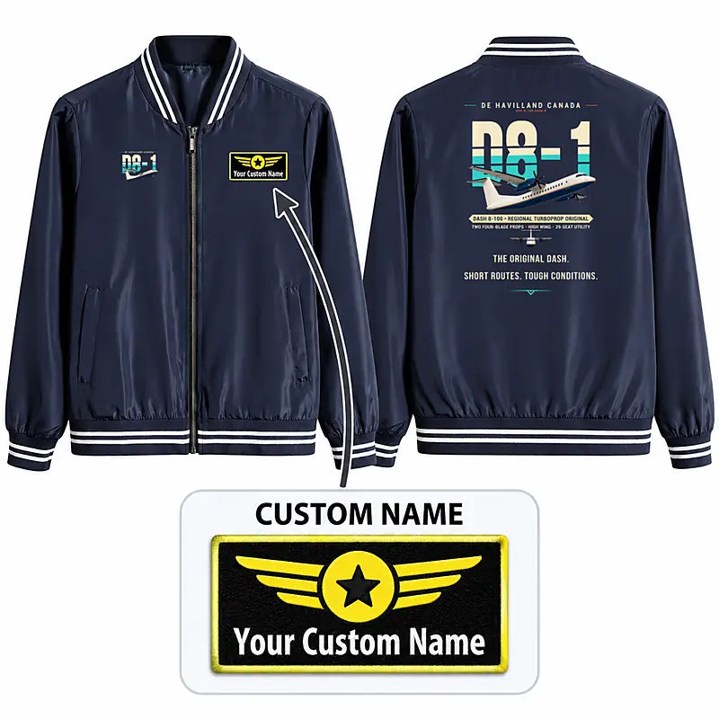 De Havilland Canada DHC-8-100 Dash 8 Stylish Jackets - Baseball Collar - Original + Name - Navy Blue