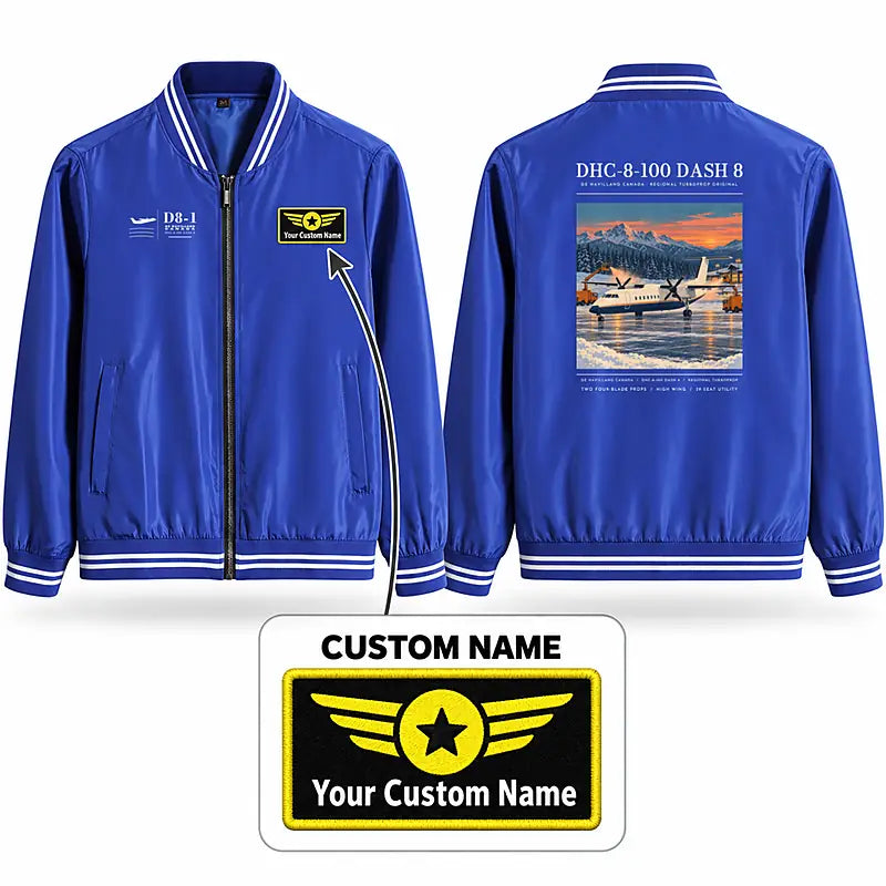 De Havilland Canada DHC-8-100 Dash 8 Stylish Jackets - Baseball Collar - Poster + Name - Royal Blue
