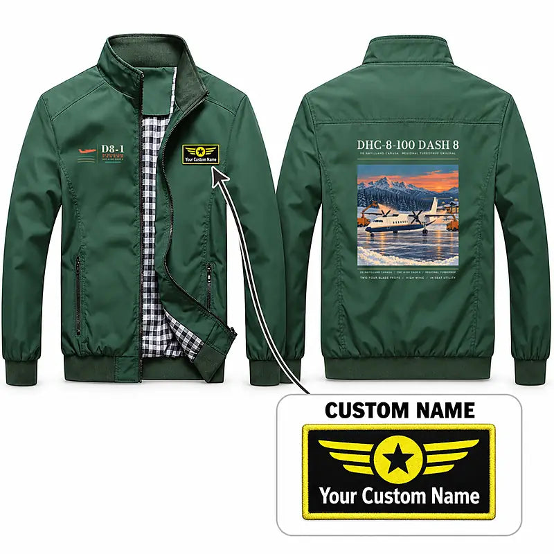 De Havilland Canada DHC-8-100 Dash 8 Stylish Jackets - Stand Collar - Poster + Name - Green