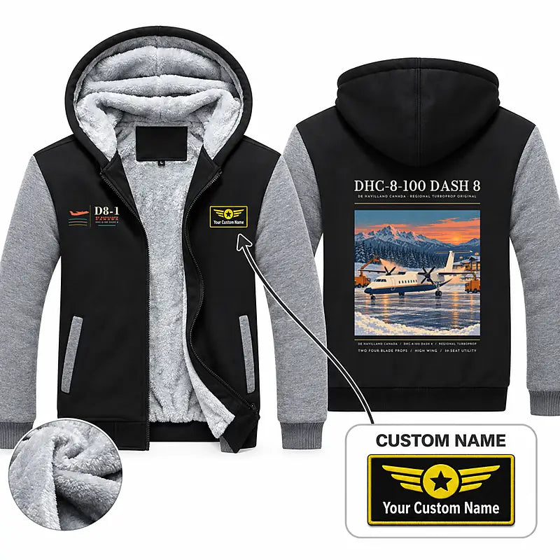 De Havilland Canada DHC-8-100 Dash 8 Zipped Sweatshirts - Poster + Name - Black & Gray