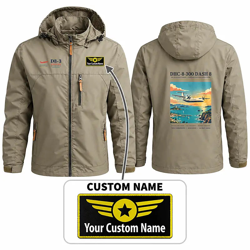 De Havilland Canada DHC-8-300 Dash 8 Stylish Jackets - Hooded Windbreaker - Poster + Name - Khaki