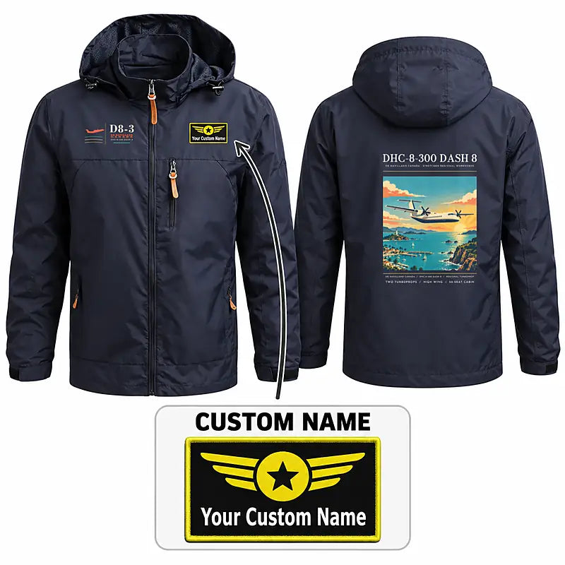 De Havilland Canada DHC-8-300 Dash 8 Stylish Jackets - Hooded Windbreaker - Poster + Name - Navy Blue