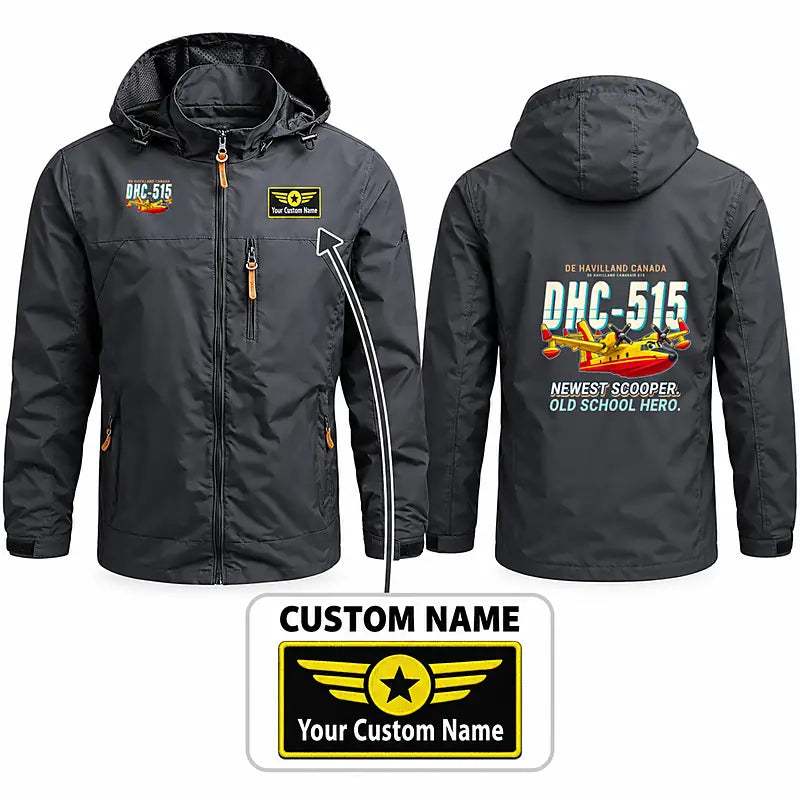 De Havilland Canadair 515 Stylish Jackets - Hooded Windbreaker - Cartoon + Name - Charcoal