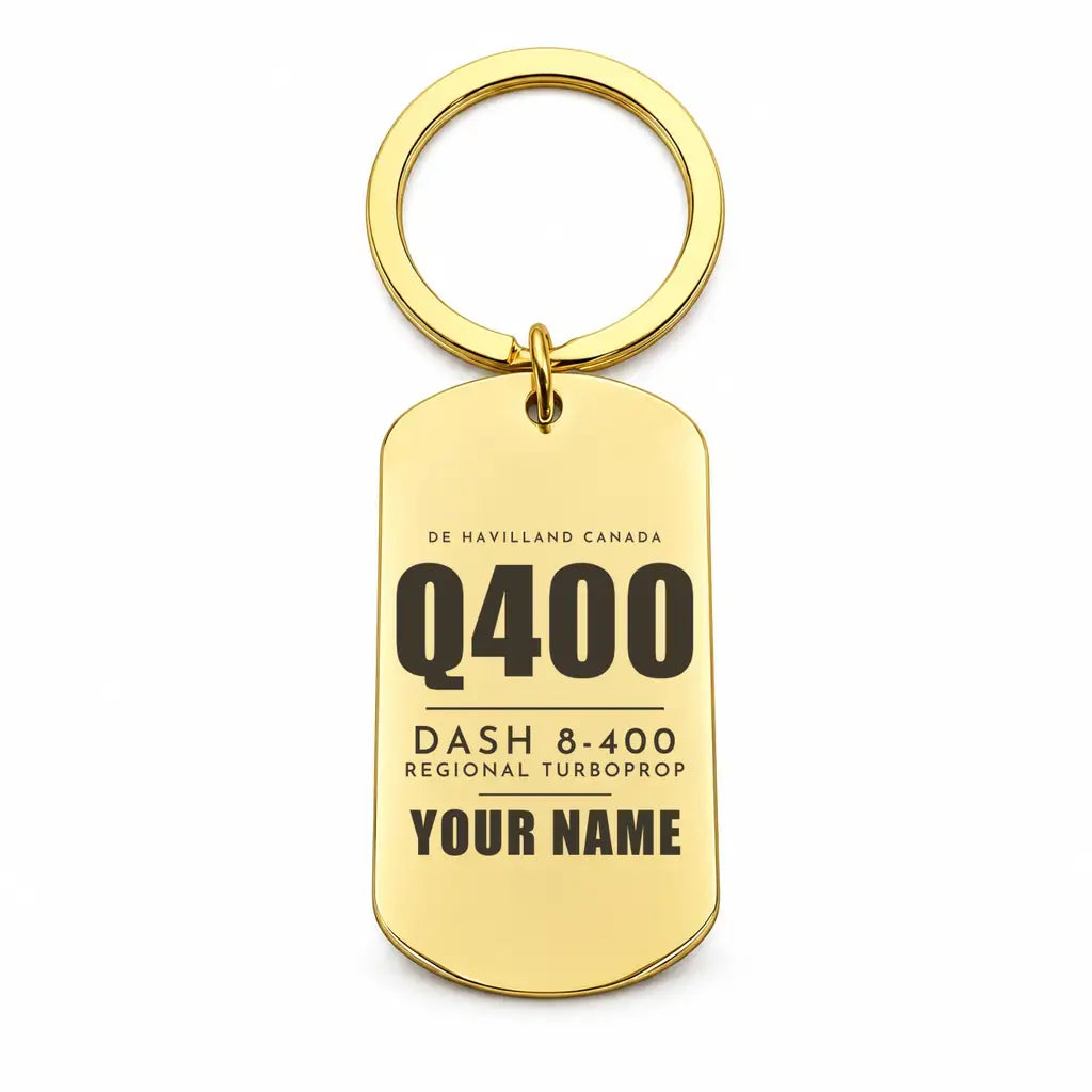 De Havilland Dash 8-400 - Key Chain - Tag + Name - Gold