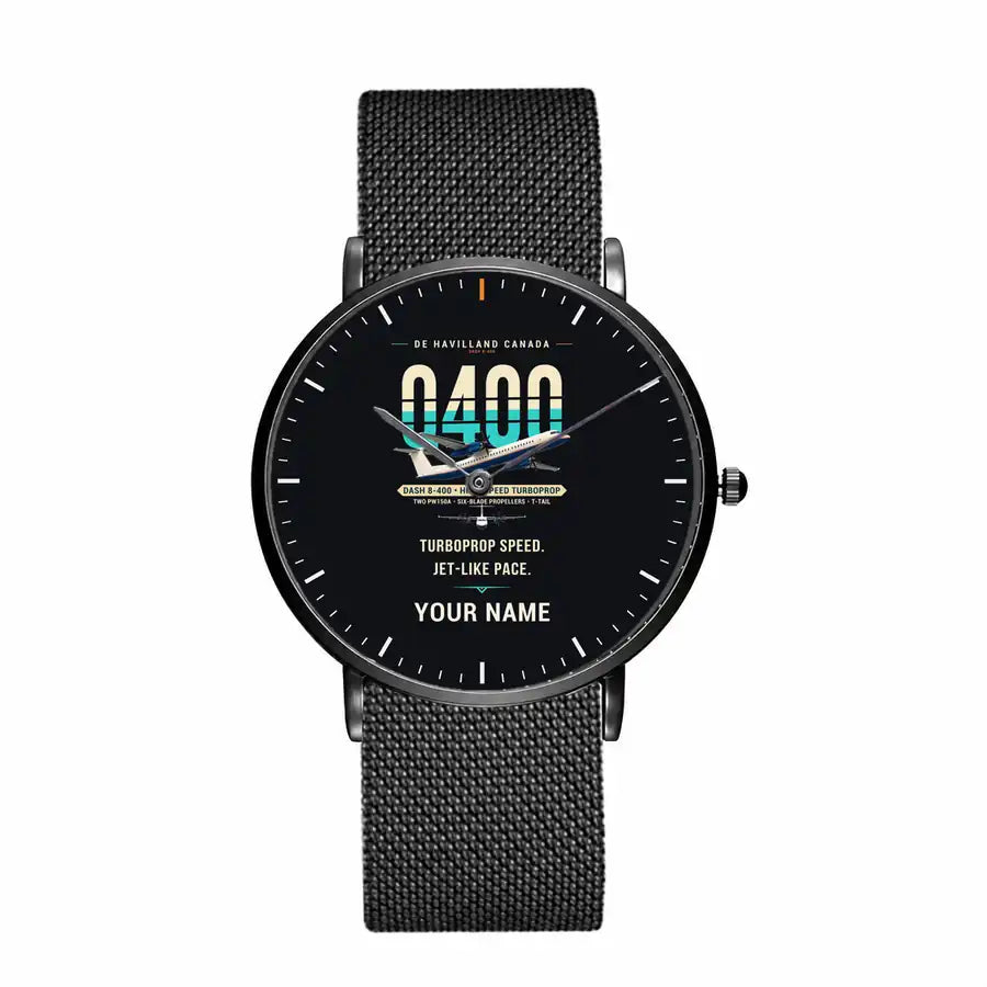De Havilland Dash 8-400 - Original + Name - Slim Mesh - Black and Stainless Steel Strap