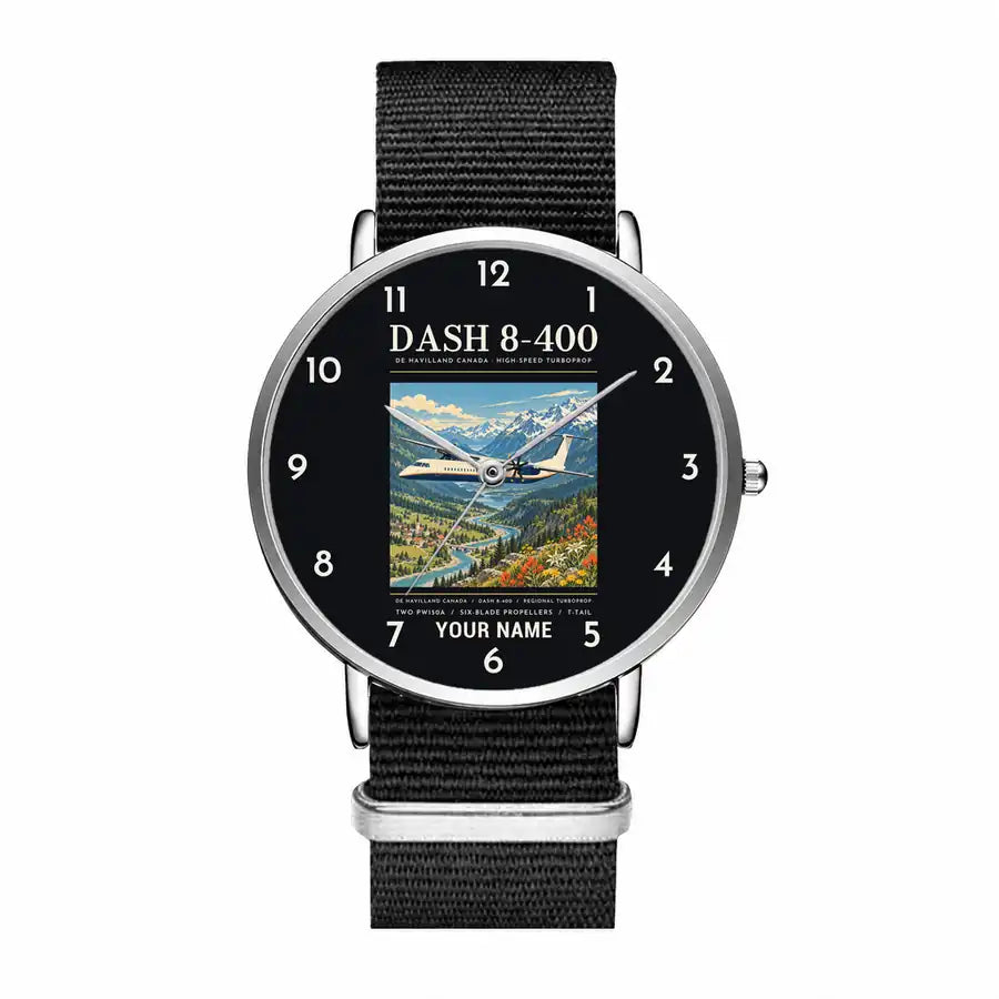 De Havilland Dash 8-400 - Poster + Name - Slim Leather - Silver and Black Nylon Strap