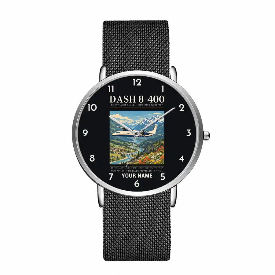 De Havilland Dash 8-400 - Poster + Name - Slim Mesh - Silver and Black Stainless Steel Strap