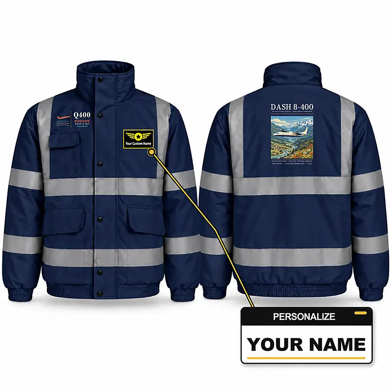 De Havilland Dash 8-400 Reflective Winter Jackets - Poster + Name - Navy Blue