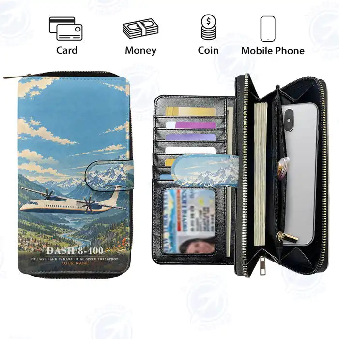 De Havilland Dash 8-400 Leather Wallets - Zip Long Wallet - 3D + Name