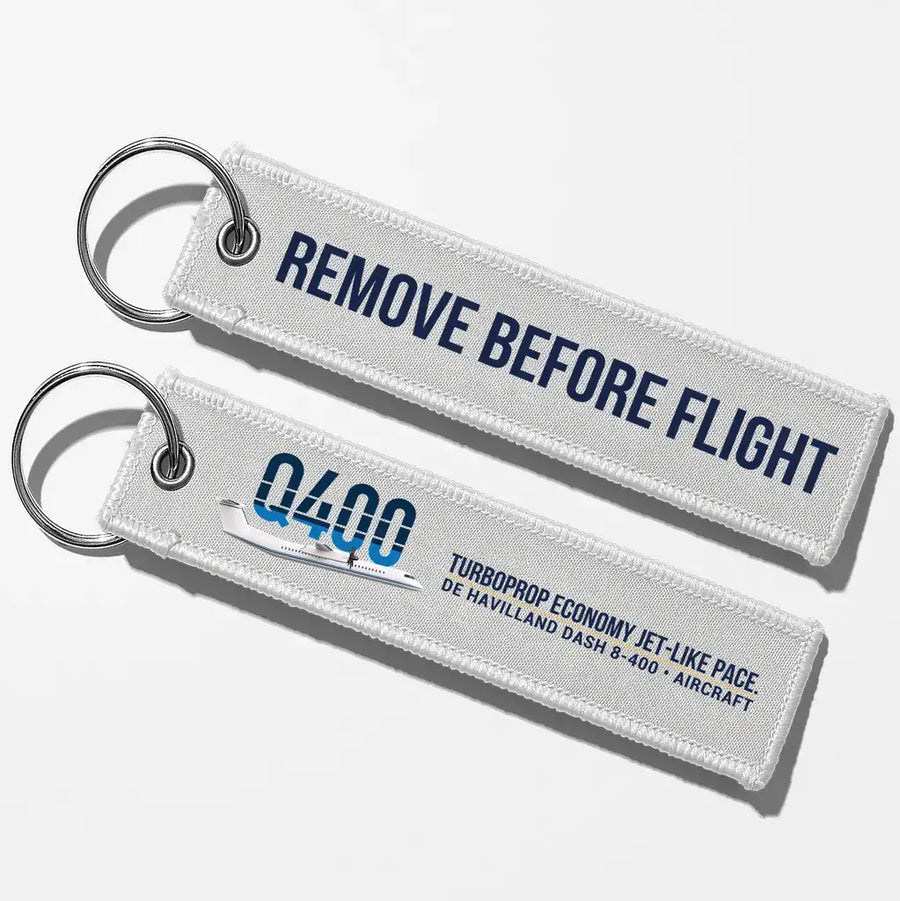 De Havilland Dash 8-400 Aviator Key Chains - White - Remove Before Flight