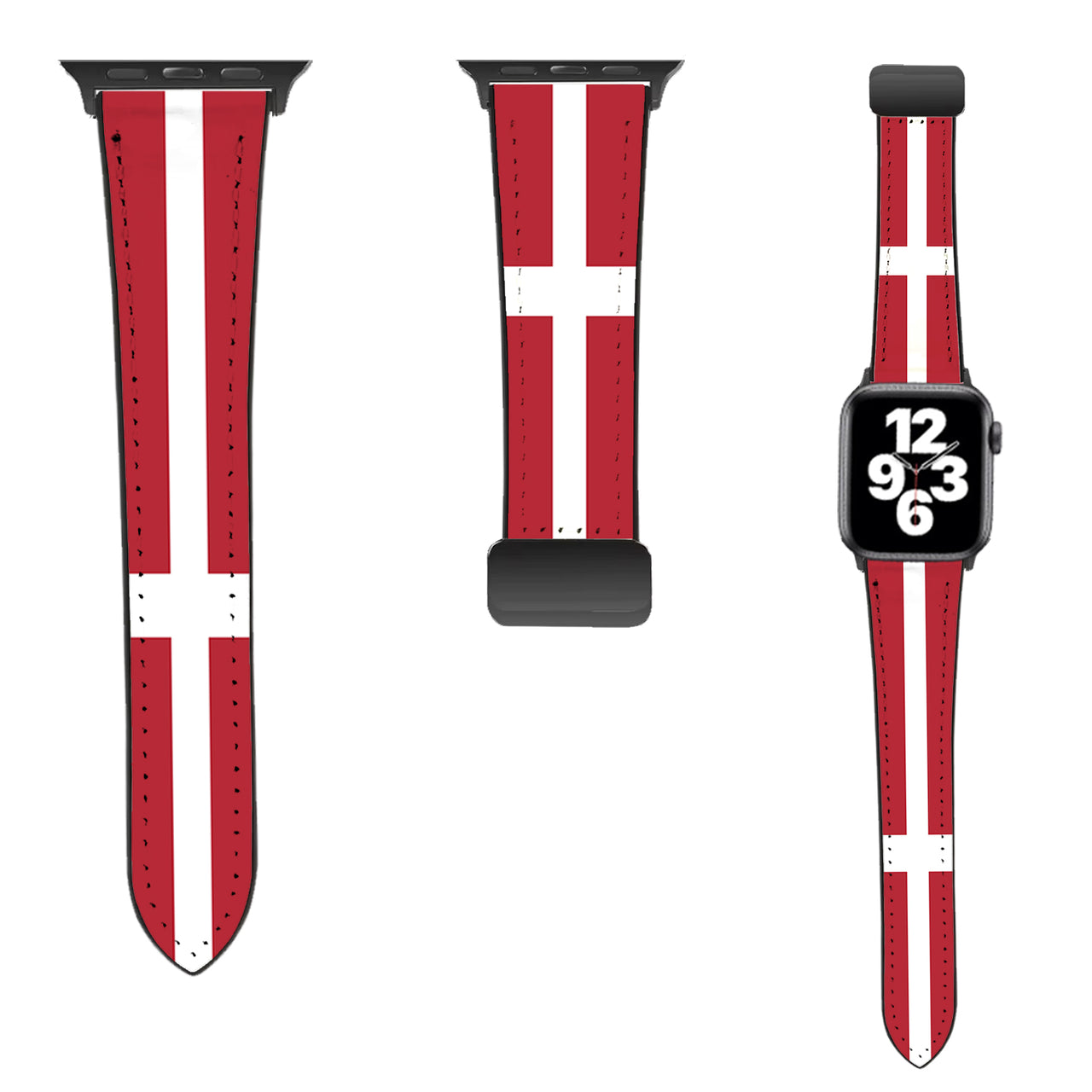 Denmark Flag Designed Leather Apple Watch Straps