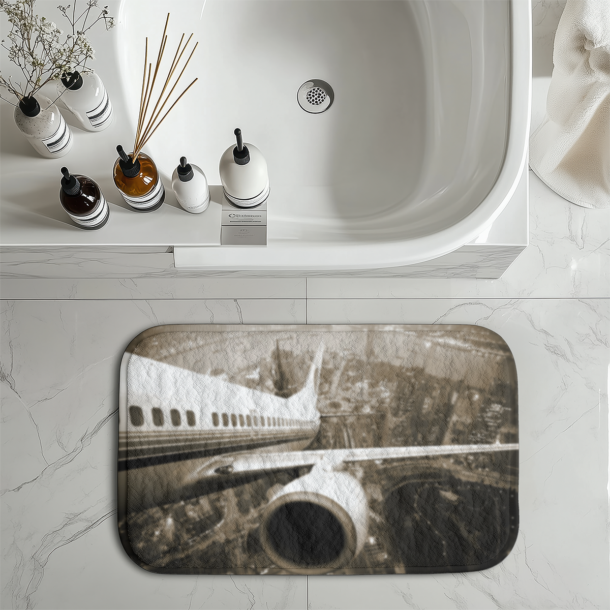 Departing Aircraft & City Scene behind Designed Bath Mats