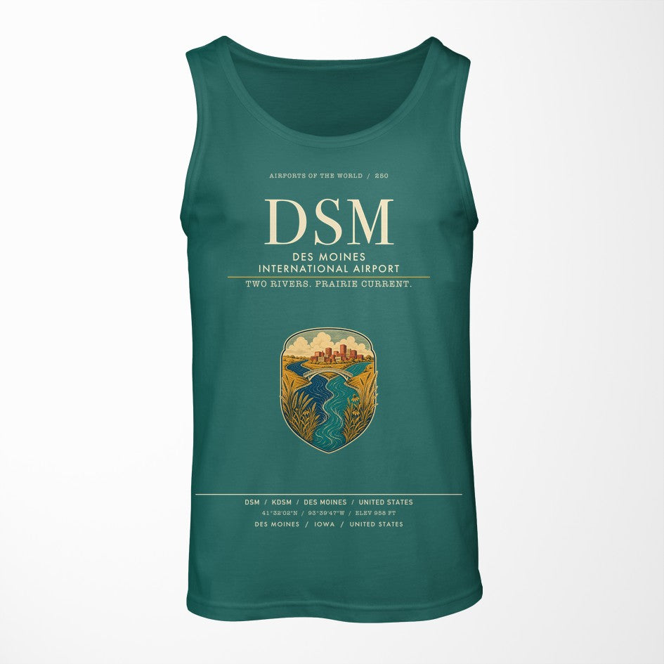 Des Moines International Airport (DSM) design on green tank top