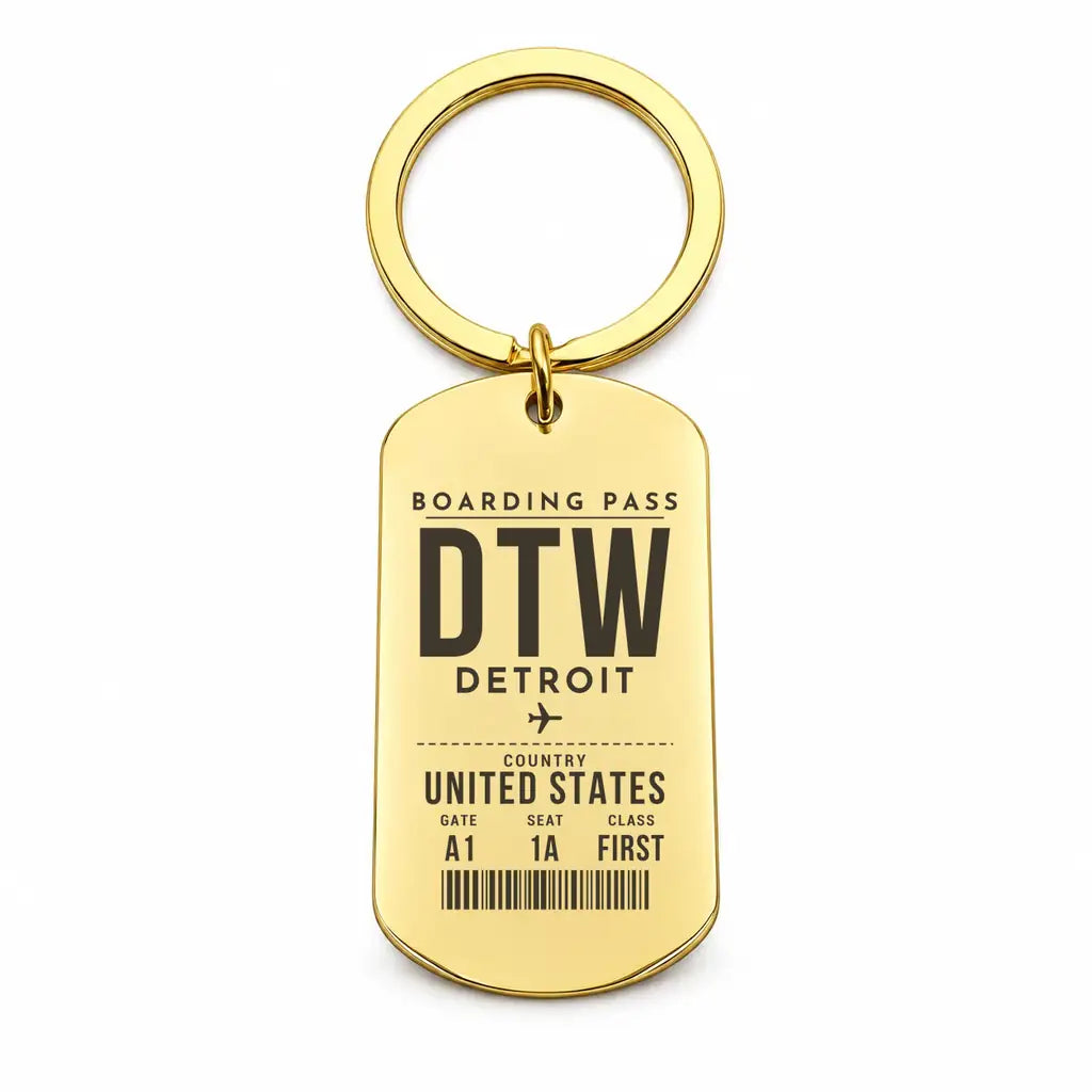 Detroit Metropolitan Wayne County Airport DTW - Key Chain - Boarding Pass Style - Gold