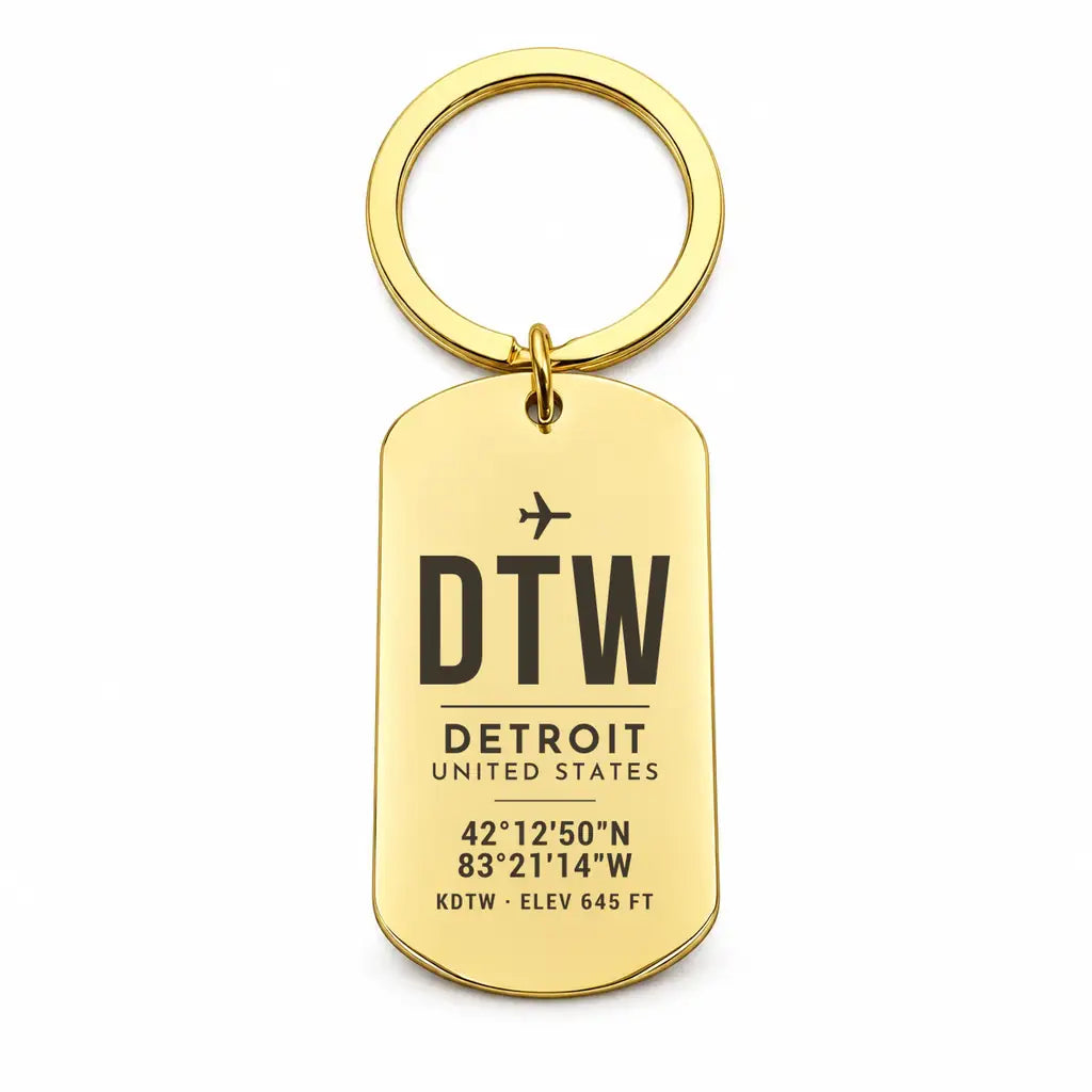 Detroit Metropolitan Wayne County Airport DTW - Key Chain - Original Design - Gold
