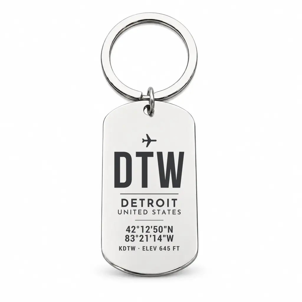 Detroit Metropolitan Wayne County Airport DTW - Key Chain - Original Design - Silver