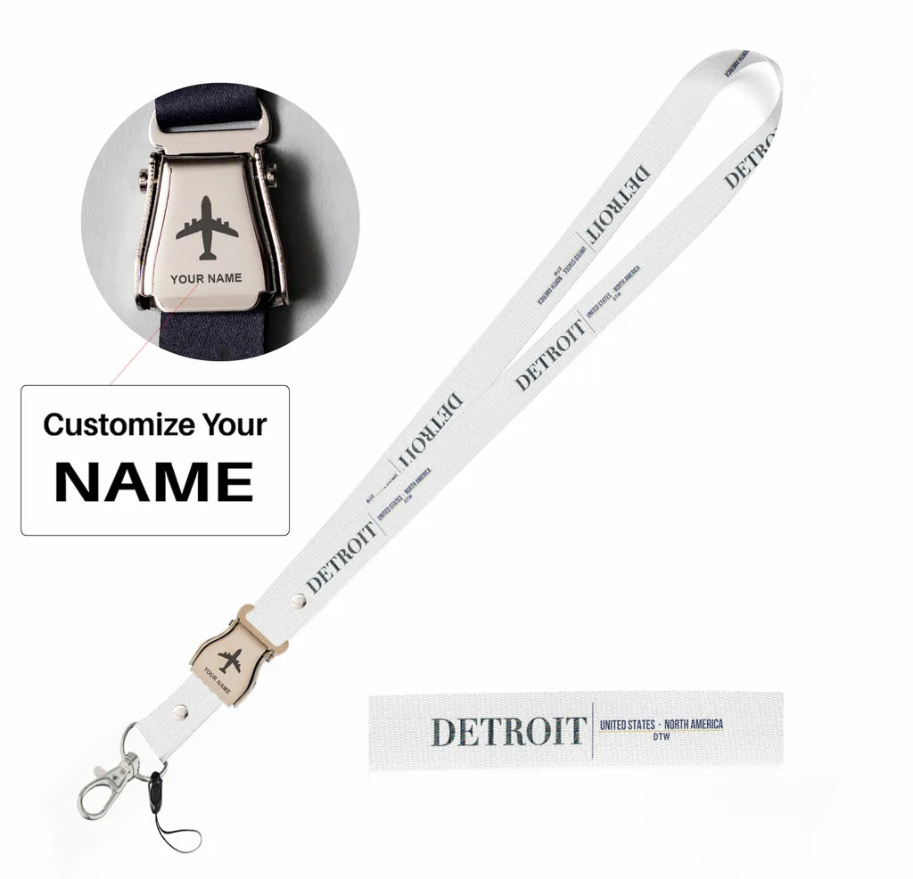 Detroit City Series seat belt lanyard - white with name