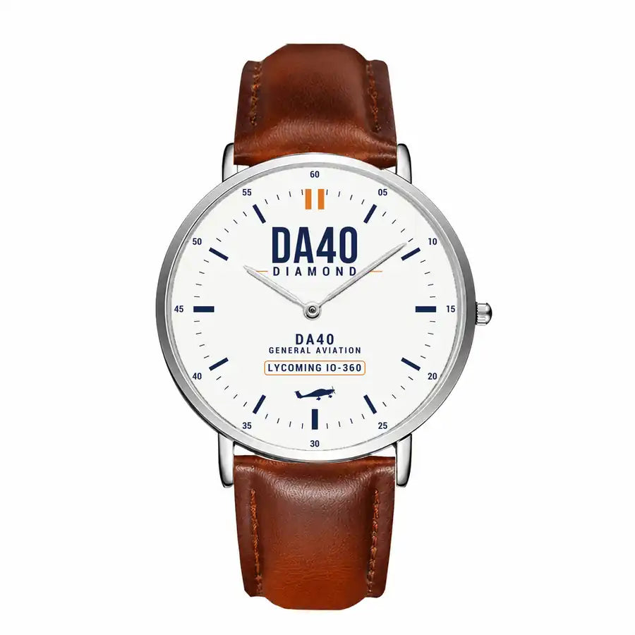 Diamond DA40 - Classic - White - Slim Leather - Silver and Brown Leather Strap