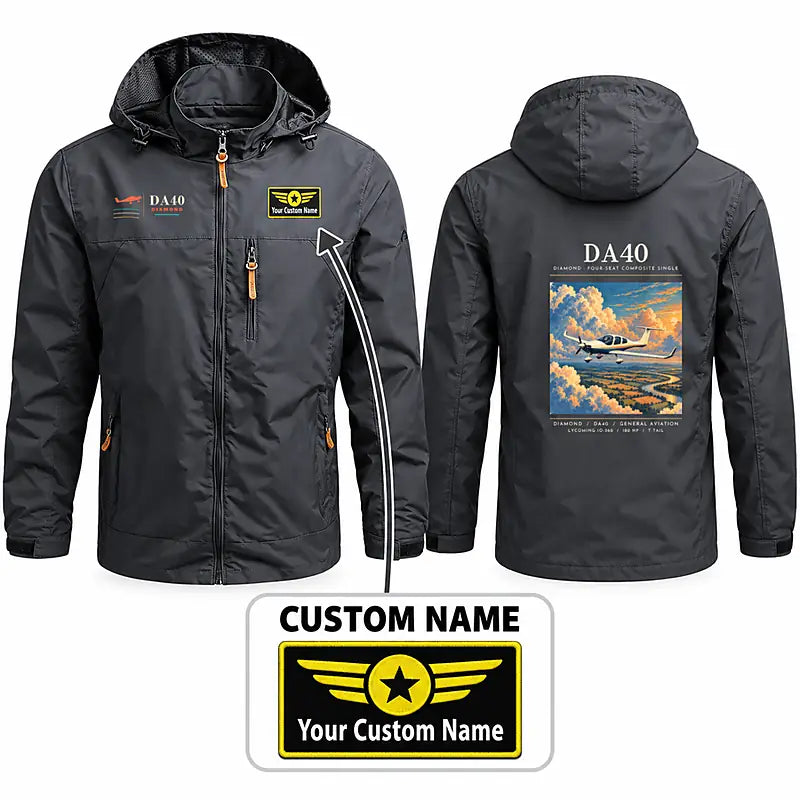 Diamond DA40 Stylish Jackets - Hooded Windbreaker - Poster + Name - Charcoal