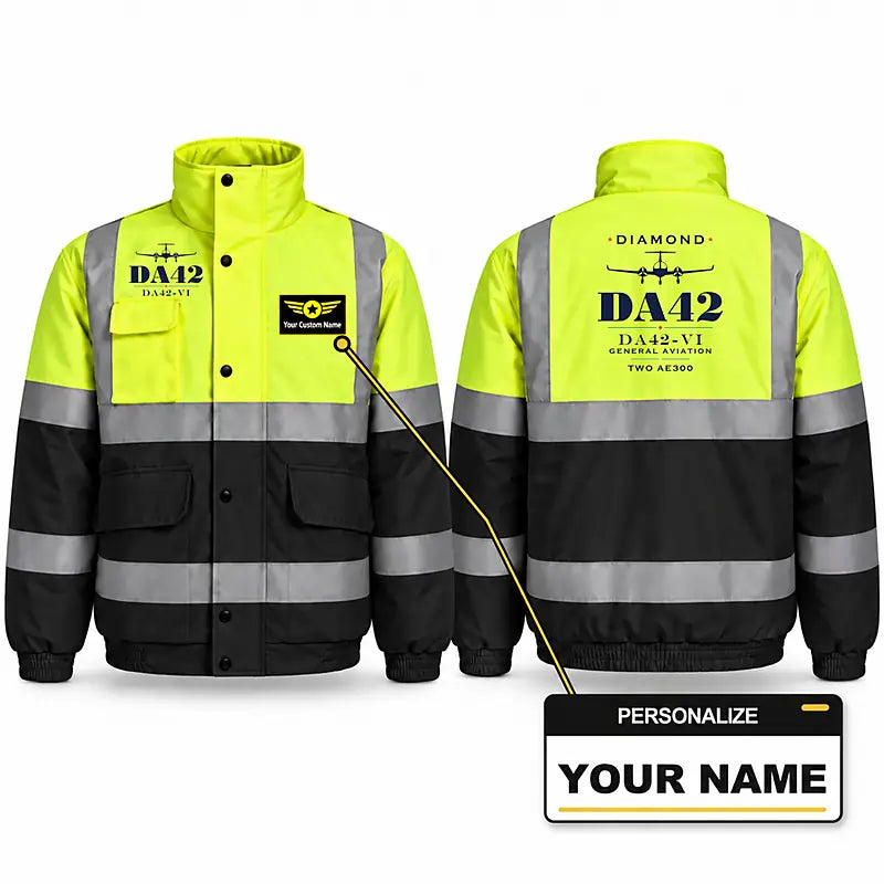 Diamond DA42-VI Reflective Winter Jackets - Heritage + Name - Fluorescent Yellow & Navy