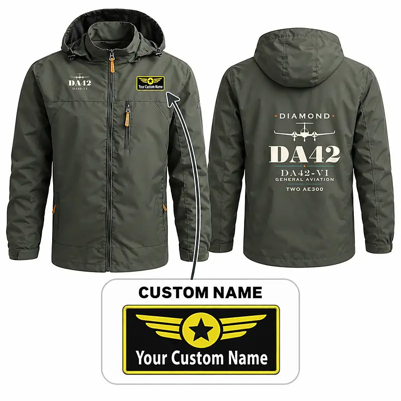 Diamond DA42-VI Stylish Jackets - Hooded Windbreaker - Heritage + Name - Olive Green