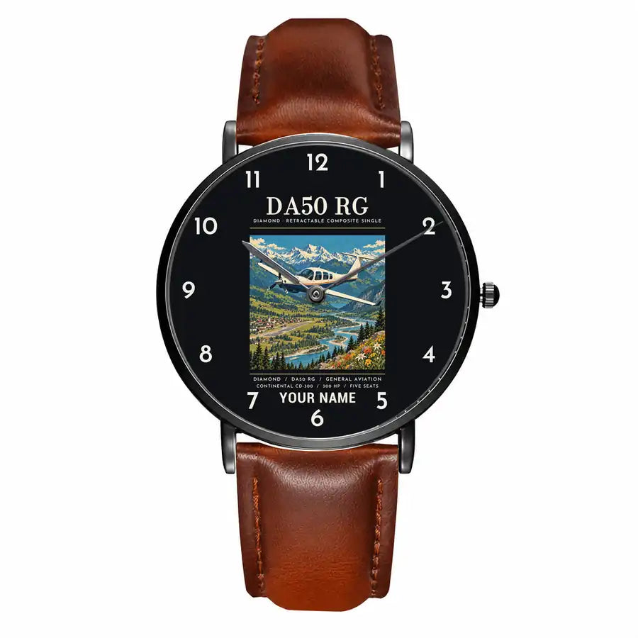 Diamond DA50 RG - Poster + Name - Slim Leather - Black and Brown Leather Strap