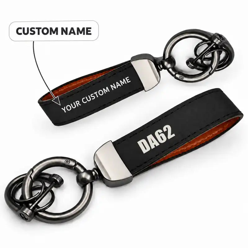 Diamond DA62 - Leather Key Chain - Horseshoe Buckle - Tag - Black + Name