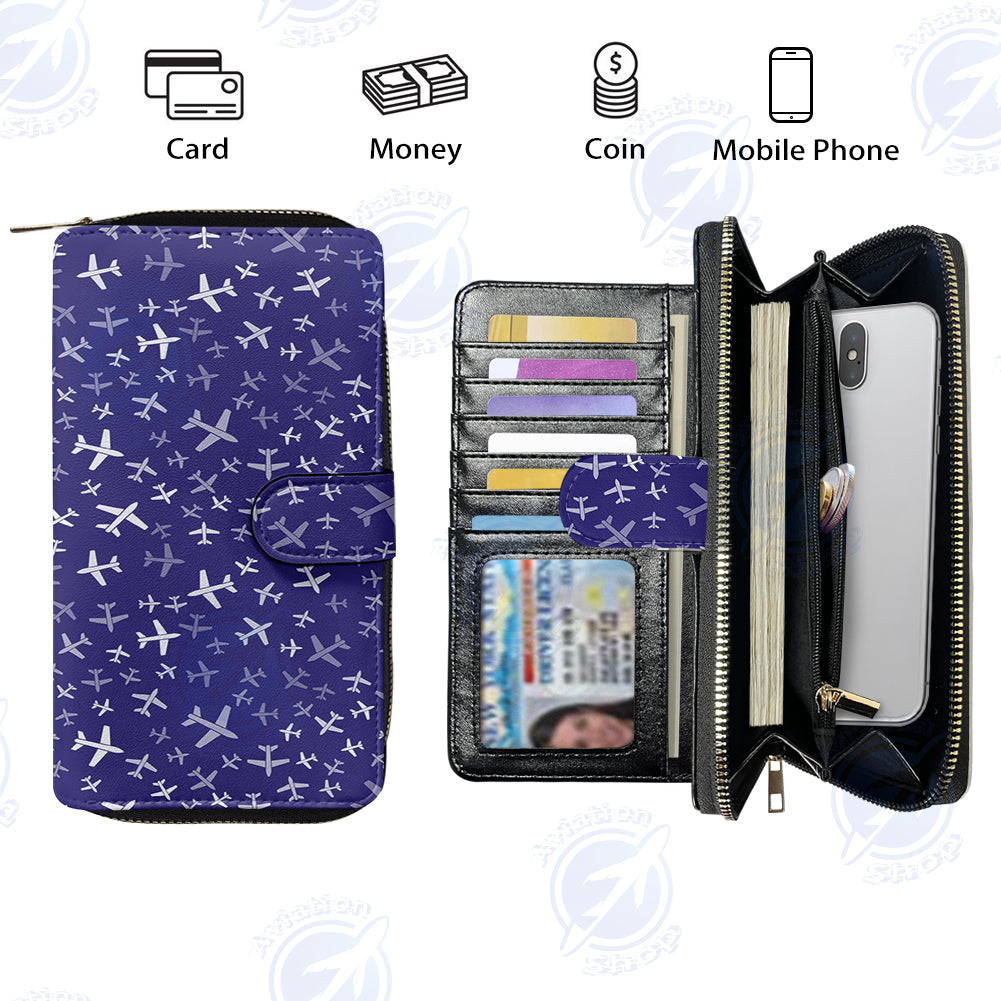Different Sizes Seamless Airplanes Designed Leather Long Zipper Wallets