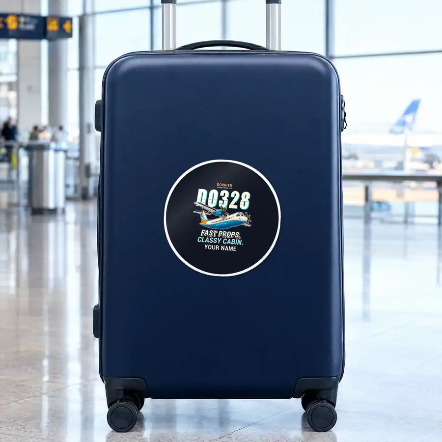 Dornier D328-100 - Cartoon + Name - Circle Sticker - Suitcase