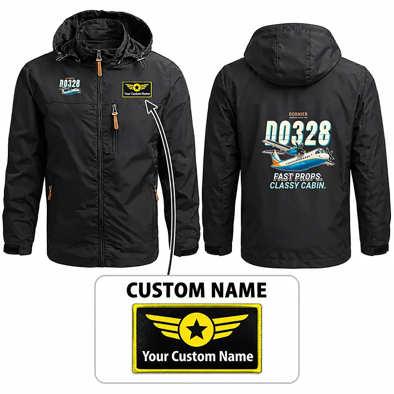 Dornier D328-100 Stylish Jackets - Hooded Windbreaker - Cartoon + Name - Black