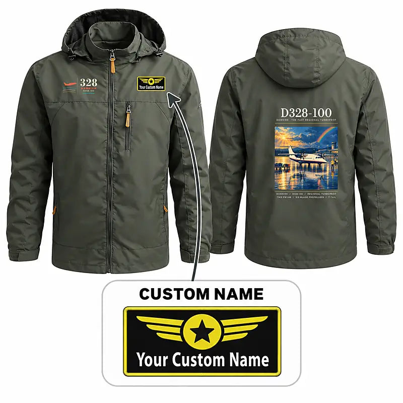 Dornier D328-100 Stylish Jackets - Hooded Windbreaker - Poster + Name - Olive Green