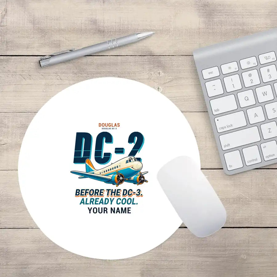 Douglas DC-2 - Cartoon + Name - Round Mouse Pad - White