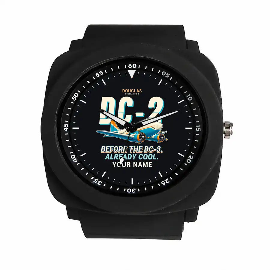 Douglas DC-2 - Cartoon + Name - Rubber Strap - Black