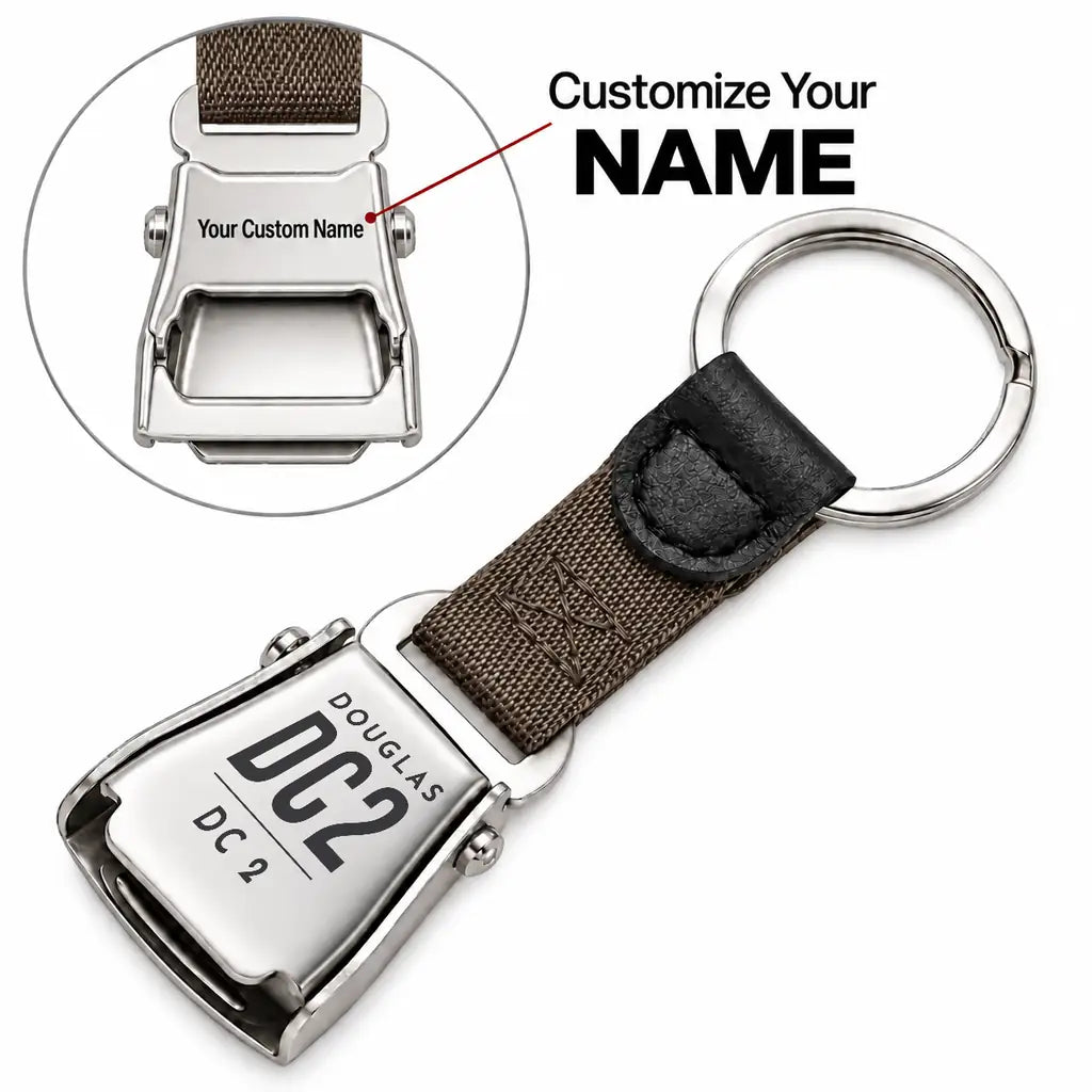 Douglas DC-2 - Seat Belt Key Chain - Tag + Name - Brown