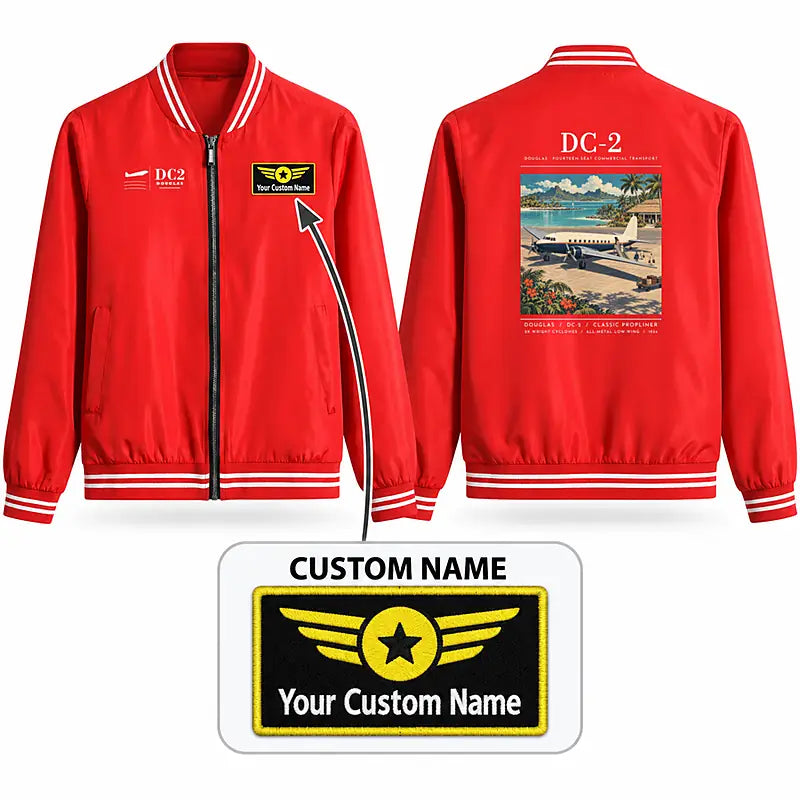 Douglas DC-2 Stylish Jackets - Baseball Collar - Poster + Name - Red