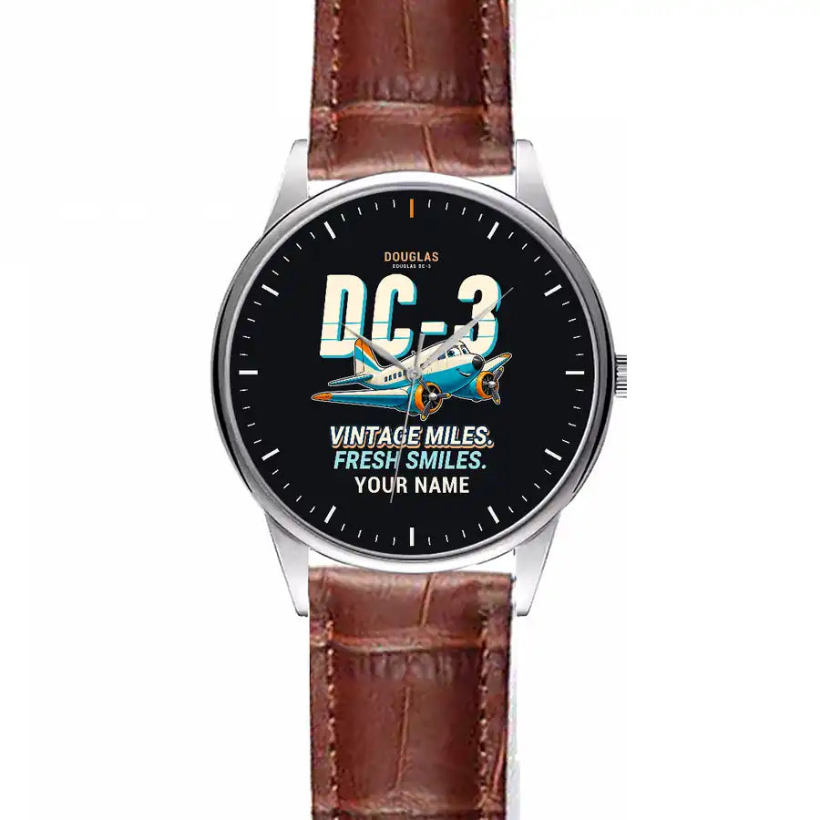Douglas DC-3 - Cartoon + Name - Leather Strap - Striped Brown Leather Strap
