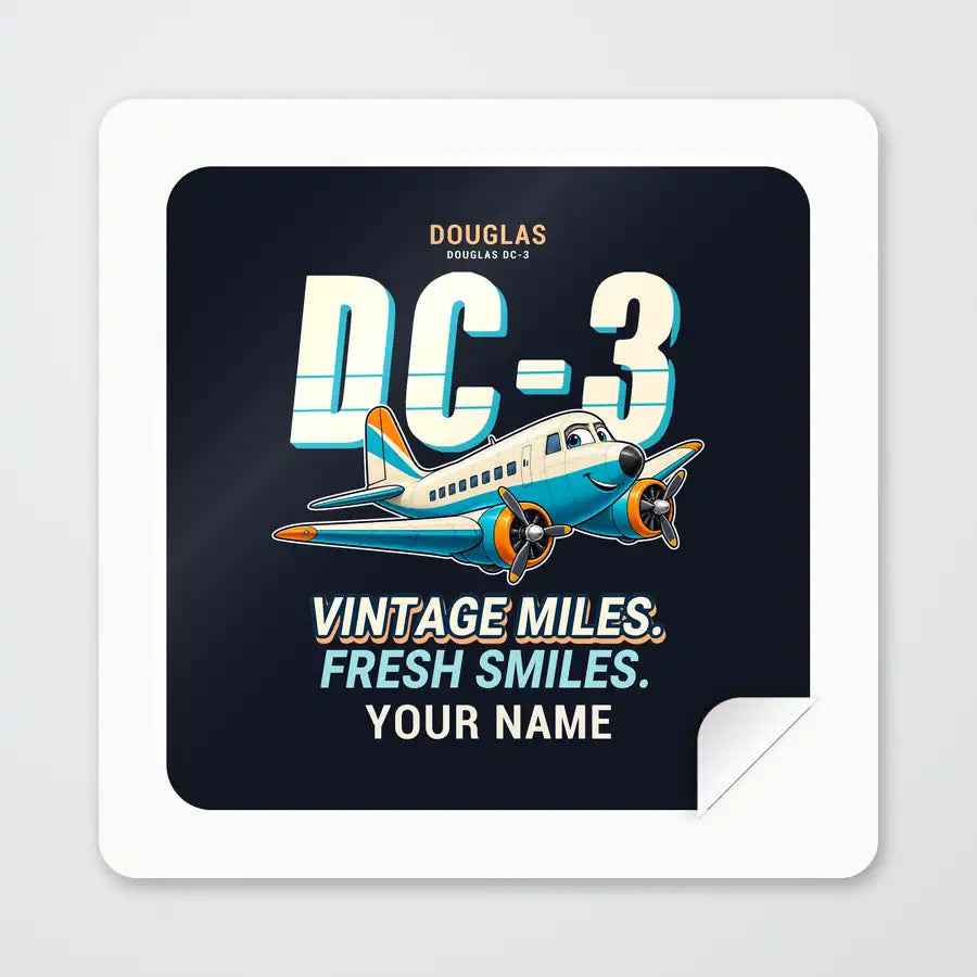 Douglas DC-3 - Cartoon + Name - Square Sticker - Peel