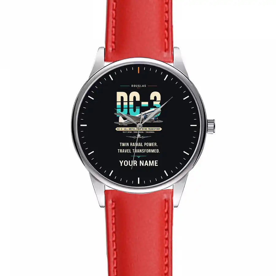 Douglas DC-3 - Original + Name - Leather Strap - Red Leather Strap