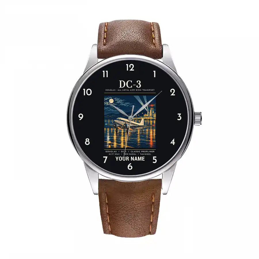 Douglas DC-3 - Poster + Name - Leather Strap - Brown Leather Strap