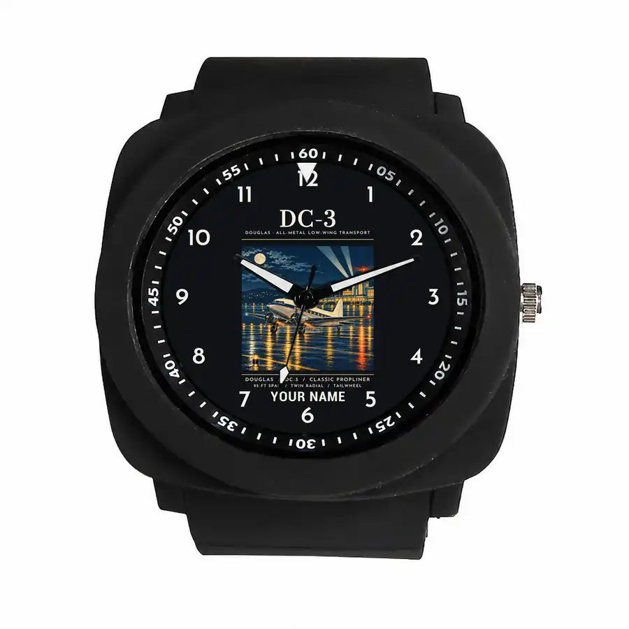 Douglas DC-3 - Poster + Name - Rubber Strap - Black
