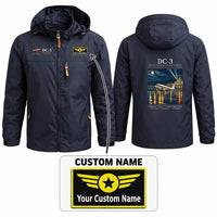 Thumbnail for Douglas DC-3 Stylish Jackets - Hooded Windbreaker - Poster + Name - Navy Blue