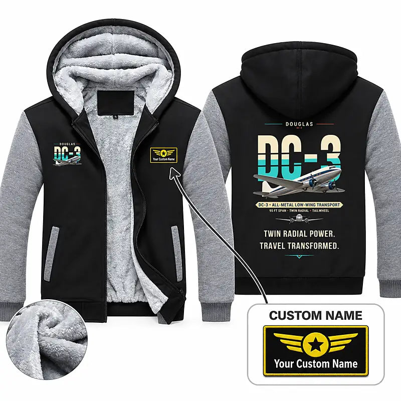 Douglas DC-3 Zipped Sweatshirts - Original + Name - Black & Gray
