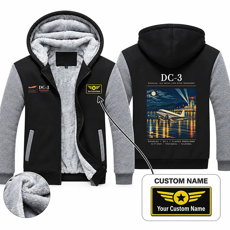 Douglas DC-3 Zipped Sweatshirts - Poster + Name - Black & Gray