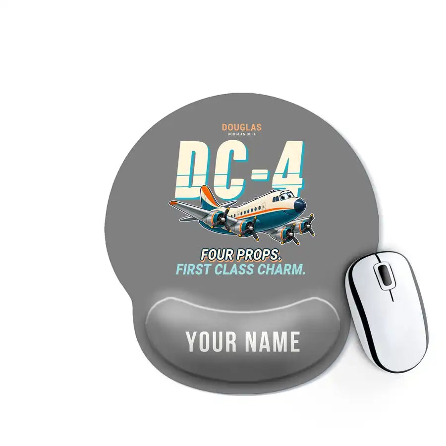 Douglas DC-4 - Cartoon + Name - Ergonomic Mouse Pad - Gray
