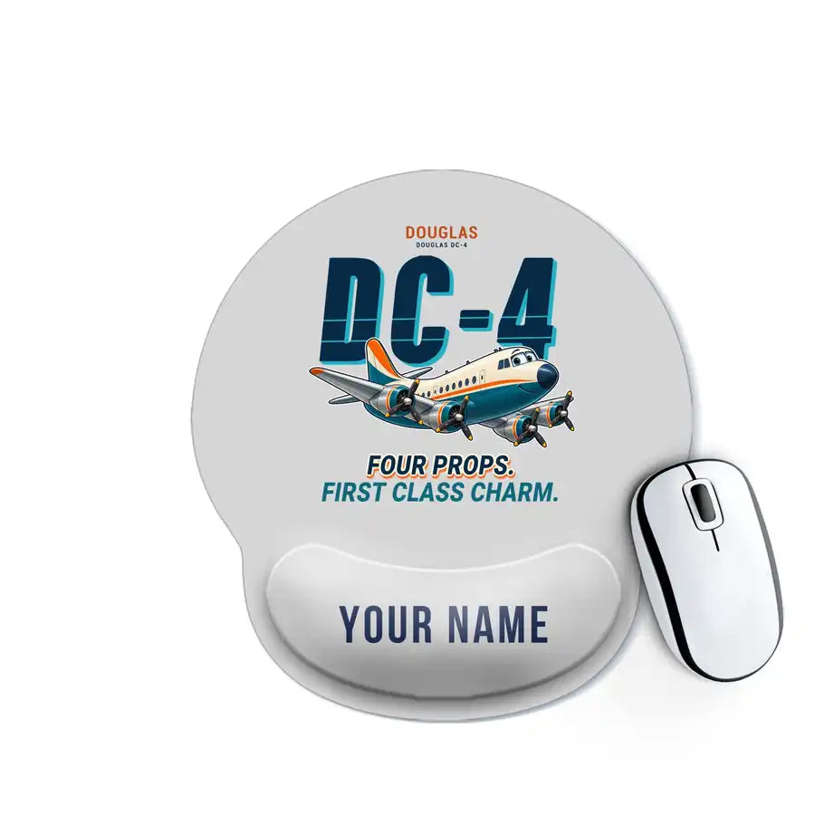 Douglas DC-4 - Cartoon + Name - Ergonomic Mouse Pad - Light Gray