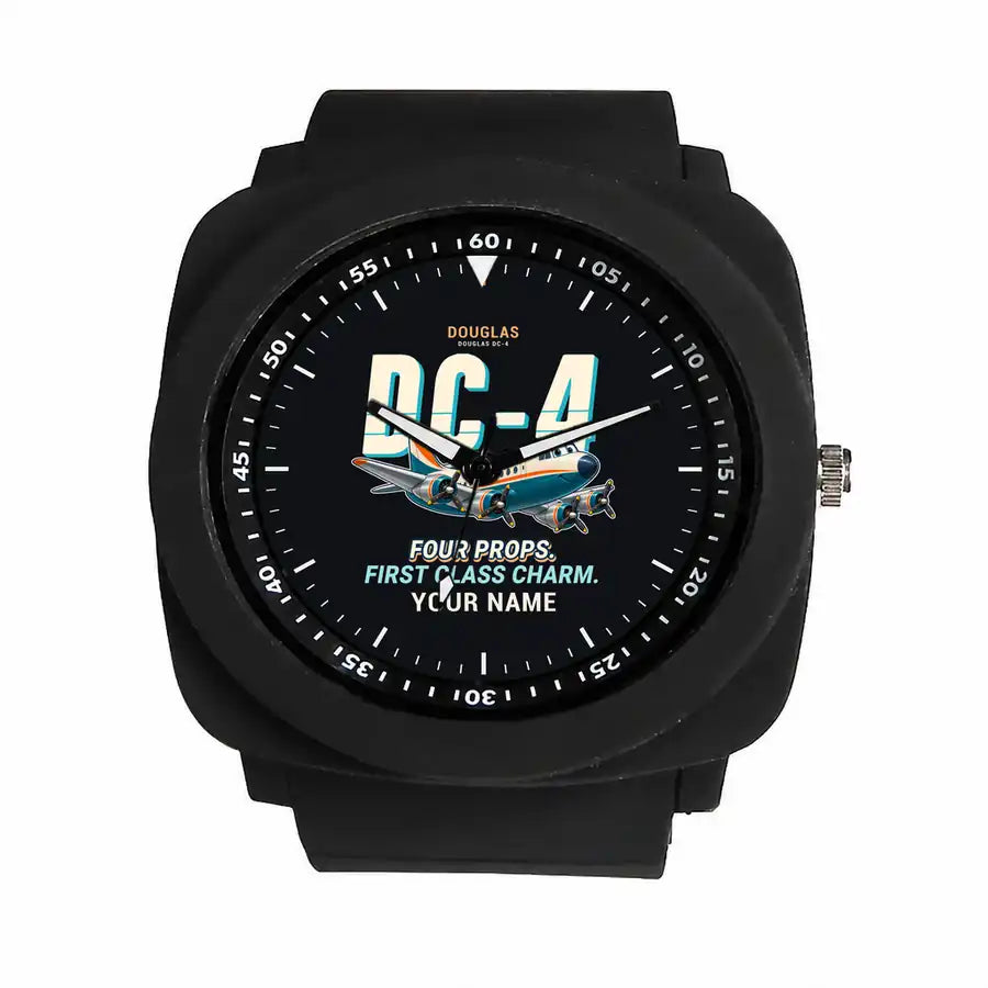 Douglas DC-4 - Cartoon + Name - Rubber Strap - Black