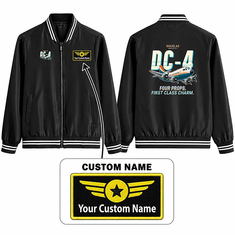 Douglas DC-4 Stylish Jackets - Baseball Collar - Cartoon + Name - Black