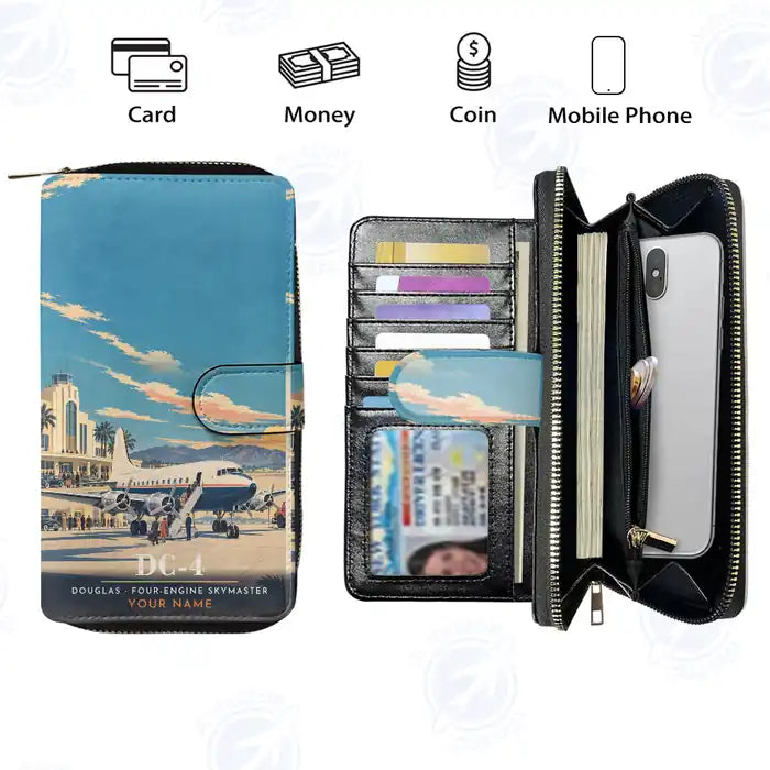 Douglas DC-4 Leather Wallets - Zip Long Wallet - 3D + Name