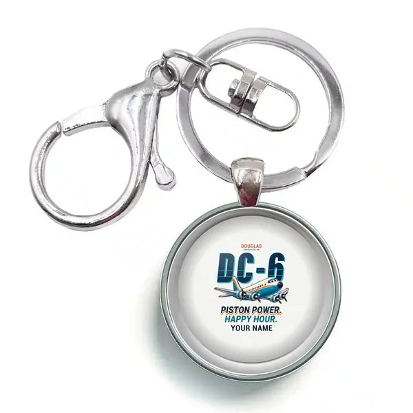 Douglas DC-6B - Cartoon + Name - Circle Key Chain - White